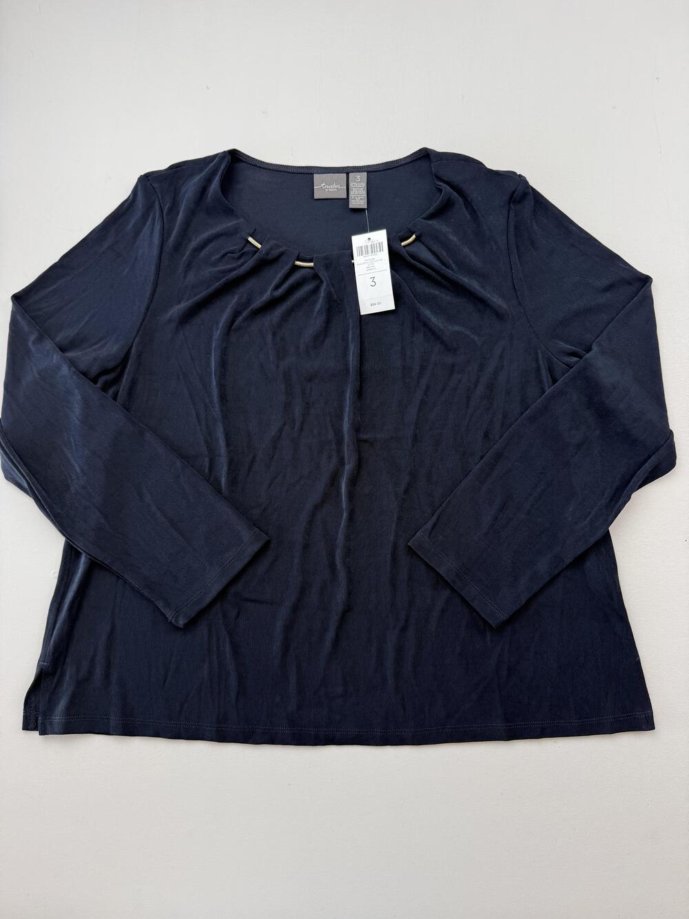 Chico's Travelers Shirt Womens 3 Blue Scoop Neck Long Sleeve Chain Detail Top